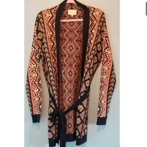 Under Skies Aztec Tribal Dark Red Navy Blue Belted Open Cardigan Size M Boho